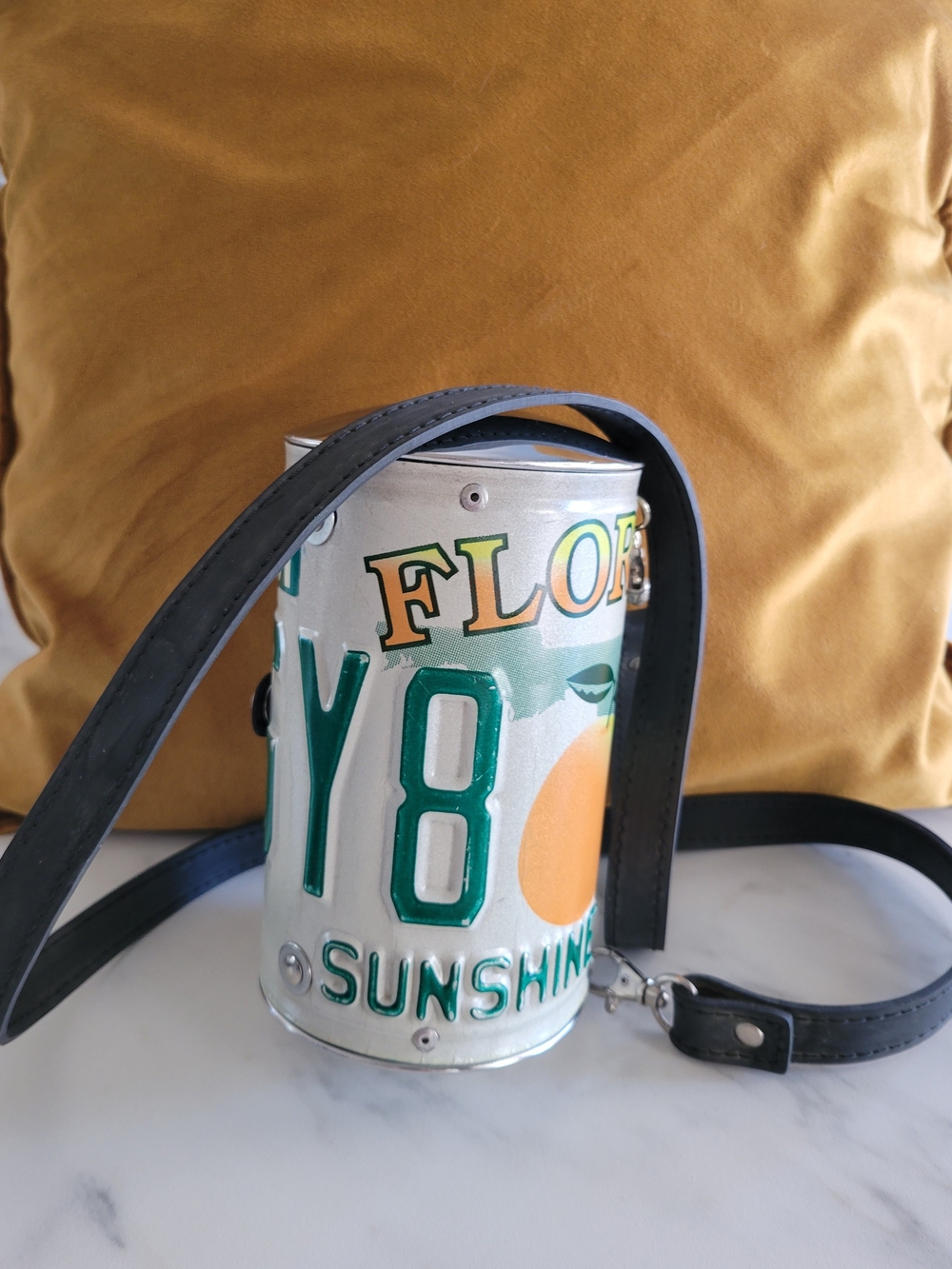 Vintage Little Earth Florida License Plate Metal Barrel Purse Handbag Crossbody